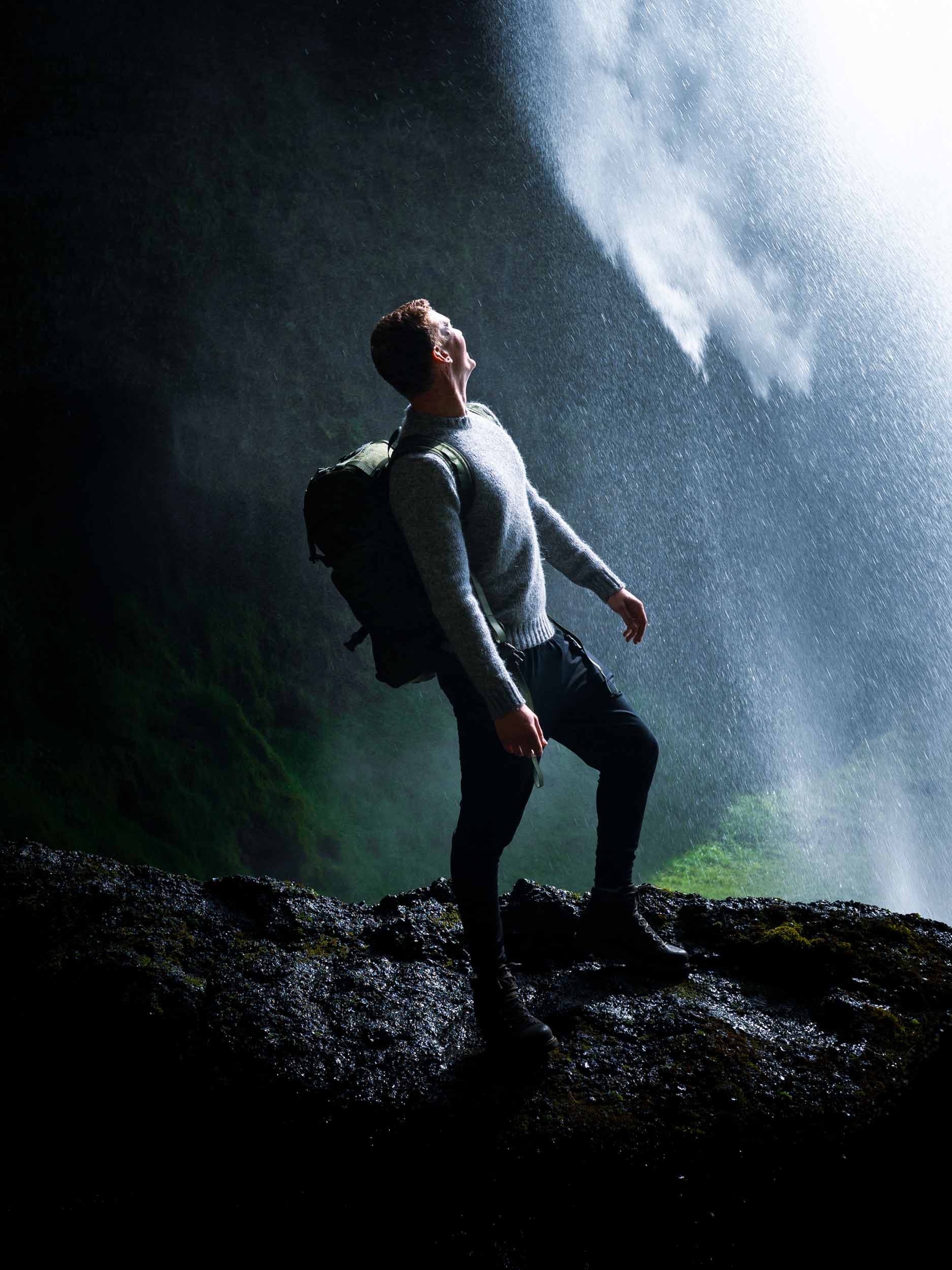 SUMELLO behind a waterfall in Iceland